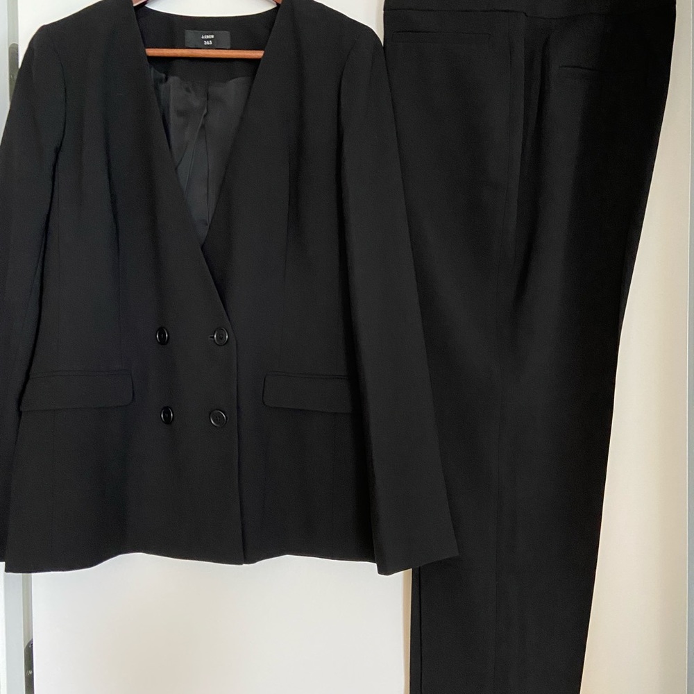 J.Crew black crepe double breasted blazer and flat front pant suit